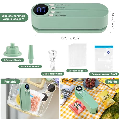 Mini Bag Versiegelung, Handheizheizung mit 3 Außenanschlüssen Vakuumversiegelungsmaschine, tragbare Dichtungsmaschine für Snack -Konservierung Lebensmittellagerung (Green)