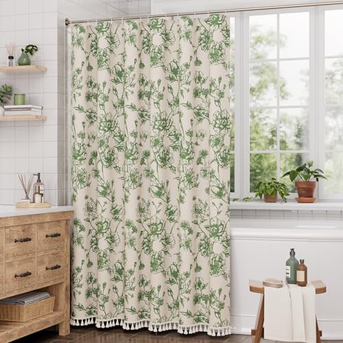 Image of AmazerBath Sage Green Floral Shower Curtain, Modern Farmhouse Shower Curtain Set with Tassels, Rustic Faux Linen Shower Curtain Washable with Hooks for Cottagecore Style, 72x72 Inches