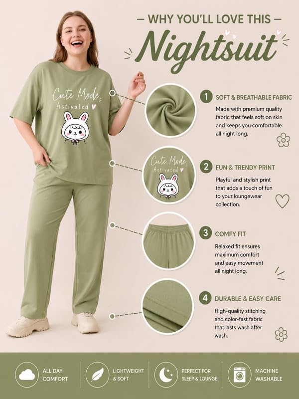Image of My Swag Womens Nightsuit Set | Cute Bunny Graphic Print T-Shirt & Pajama | Soft Breathable Sleepwear and Loungewear Co-Ord Set for Women