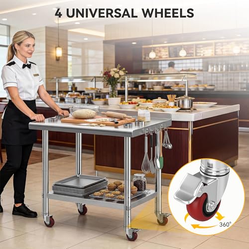 Image of DWVO 36x24in Stainless Steel Table Backsplash & Wheels | NSF Metal Prep Worktable for Kitchen Restaurant Hotel Garage Warehouse Home Commercial