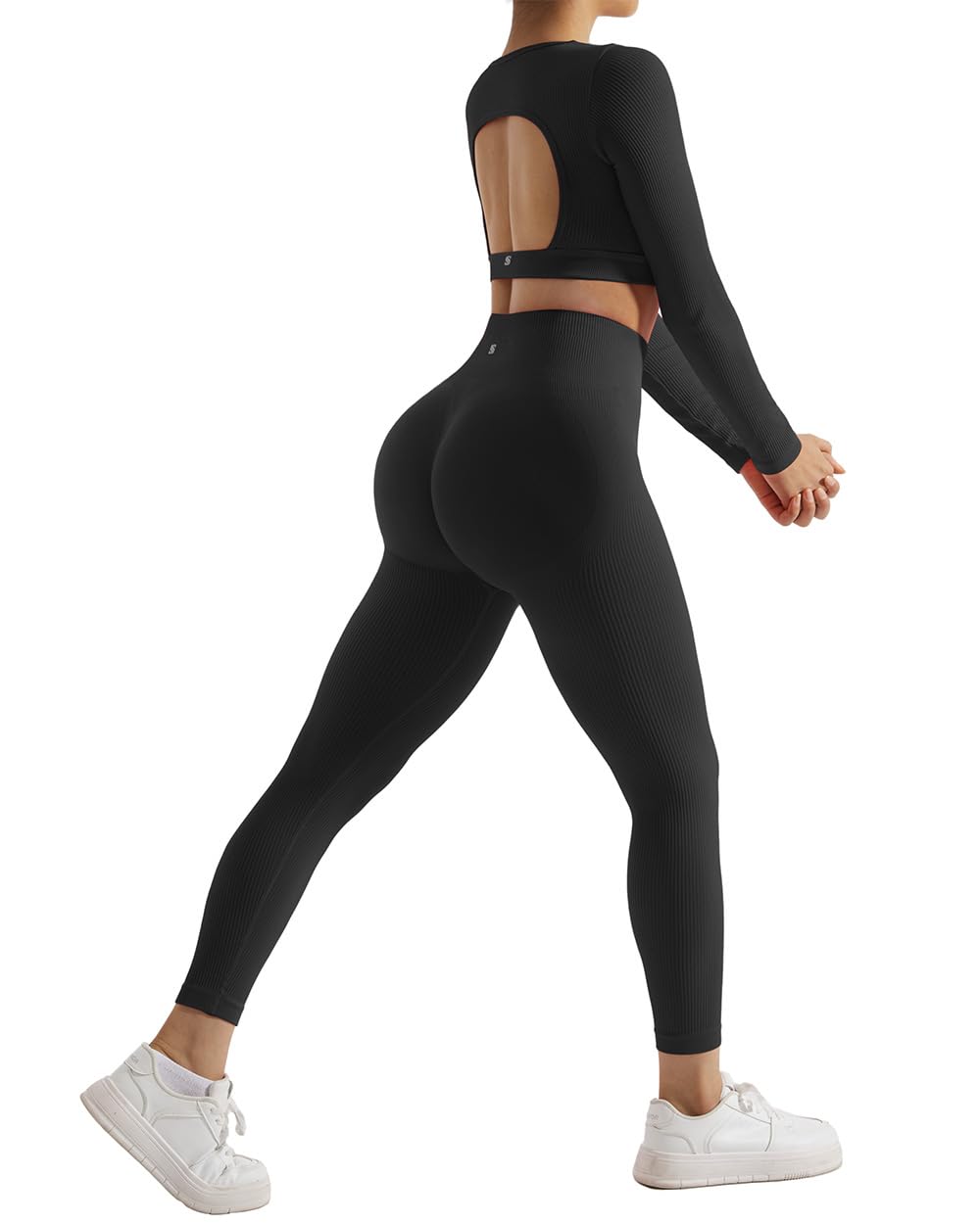 SUUKSESS 2 Piece Workout Sets for Women Long Sleeve Gym Sets Woman Butt Lifting Leggings Open Back Crop Tops: #2 Black X-Small
