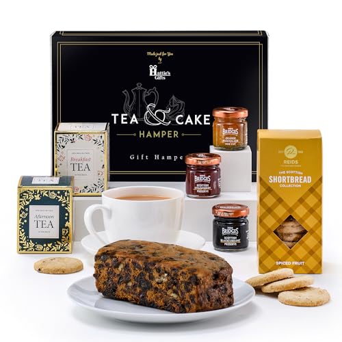 Afternoon Tea Hamper with Cake – Hattie’s Gifts Breakfast & Afternoon Tea Selection Gift Set, Genoa Fruit Cake, Shortbread & Jams – Luxury Food Gifts for Men & Women