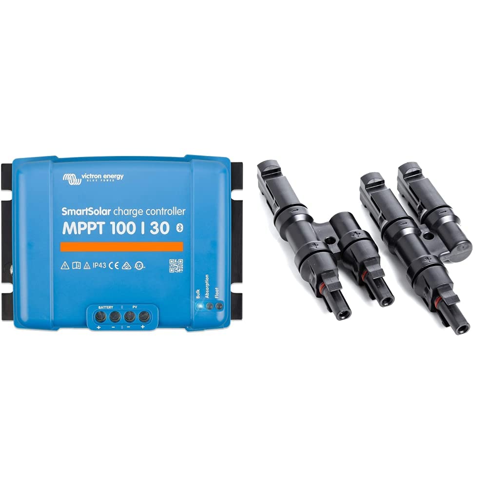 Victron SmartSolar MPPT Laderegler 100/30 12V / 24V Bluetooth Dongle integriert 30A Solarladeregler & Offgridtec® Y-Stecker - Abzweigbuchsen (Set) kompatibel zu den gängigen Solarsteckern Stecker
