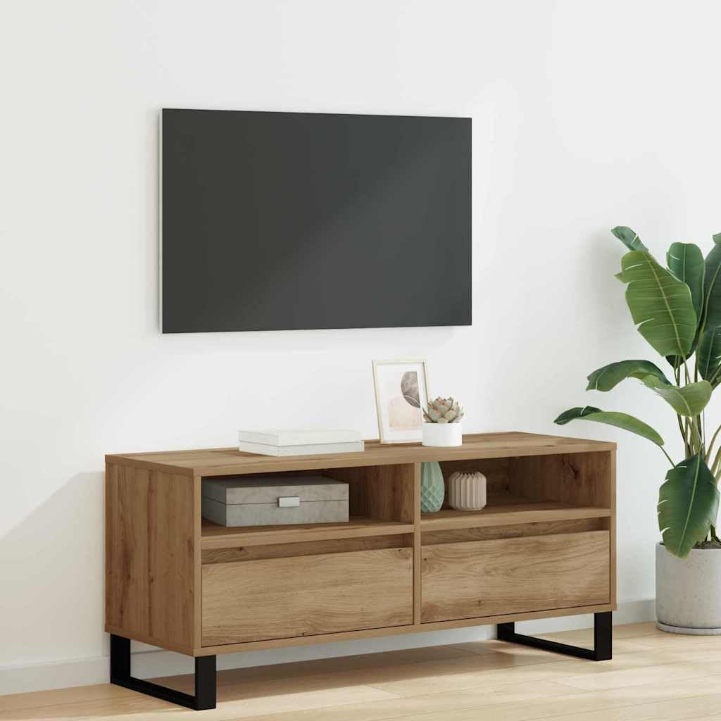 39-Inch Engineered Wood TV Stand with Drawer, Artisan Oak | Measures 39.4 x 13.6 x 17.5 inches, featuring open storage compartments for consoles and media devices in the living room.