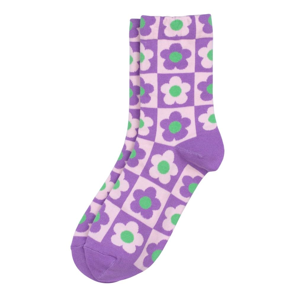 Joe Cool Unisex Lilac Purple Cotton & Spandex Flower Checkerboard Socks In