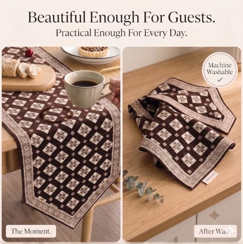 Image of Dining Table Runner for 4 Seater | Premium Viscose Rayon & Cotton Fabric | Washable Heat Resistant Decorative Table Cover for Dining Table | Modern Home Decor | 36 x 14 Inch | Coffee