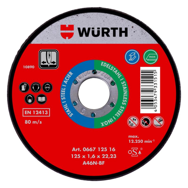 Würth Red Label Dischi da Taglio 125 mm, 1,6 mm, Grana Abrasiva A46N-BF, Compatibile con Acciaio Inossidabile e Acciaio Standard, Foro 22,23 mm (Confezione da 25)