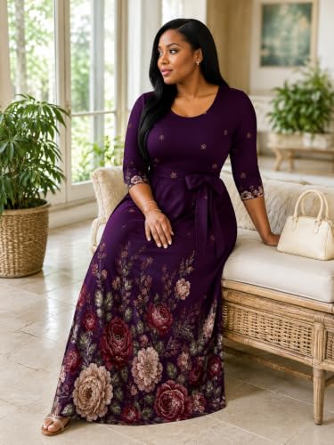 Image of PinkPatty Women's Plus Size V Neck 3 /4 Sleeve Boho Maxi Dress with Pockets
