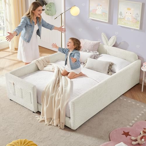 Image of Queen Size Bed Frame for Kids, Upholstered Daybed Frame Floor Bed with Safety Rails and Storage Pocket Cute Rabbit Ear Shaped Headboard for Kids Teens Boys Girls, Beige
