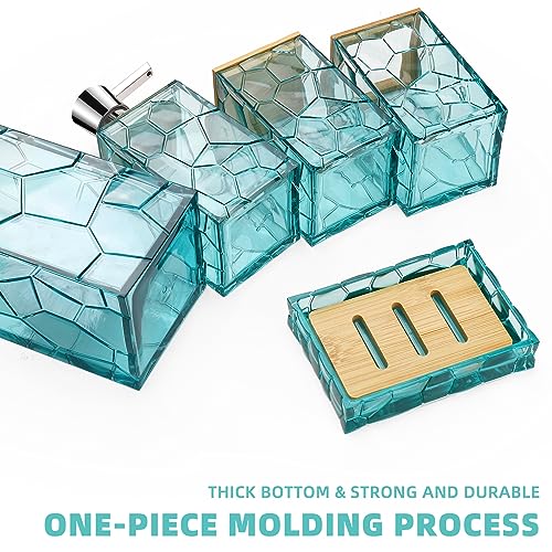 GAHEFY Teal Blue Beach Bathroom Accessories Set, Toothbrush Holder, Soap Dispenser, Cotton Swabs Holder, Soap Dish, Toilet Brush with Holder, Boho Bamboo Bathroom Decor,Acrylic (Teal) - Image 3