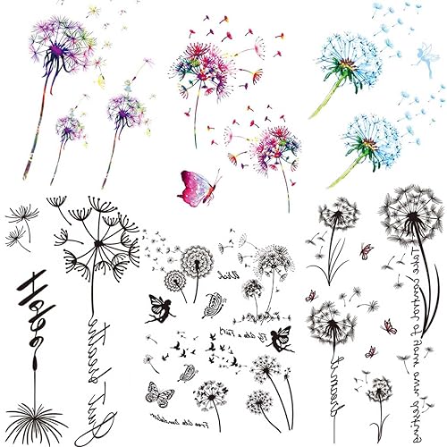 Dandelion Tattoos, 6-Sheet Fake Beautiful Dandelion Temporary Tattoos Realistic Flying Dandelion Birds Butterfly Fake Tattoos For Women Girls Hand Wrist Neck