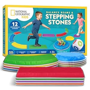 National Geographic Kids Stepping Stones & Balance Beams – 12 Piece Obstacle Course for Kids Ages 3+ with Foam Dice, Play & Learn Cards, Non-Slip Rubber Base, Toddler Indoor & Outdoor Active Play Set