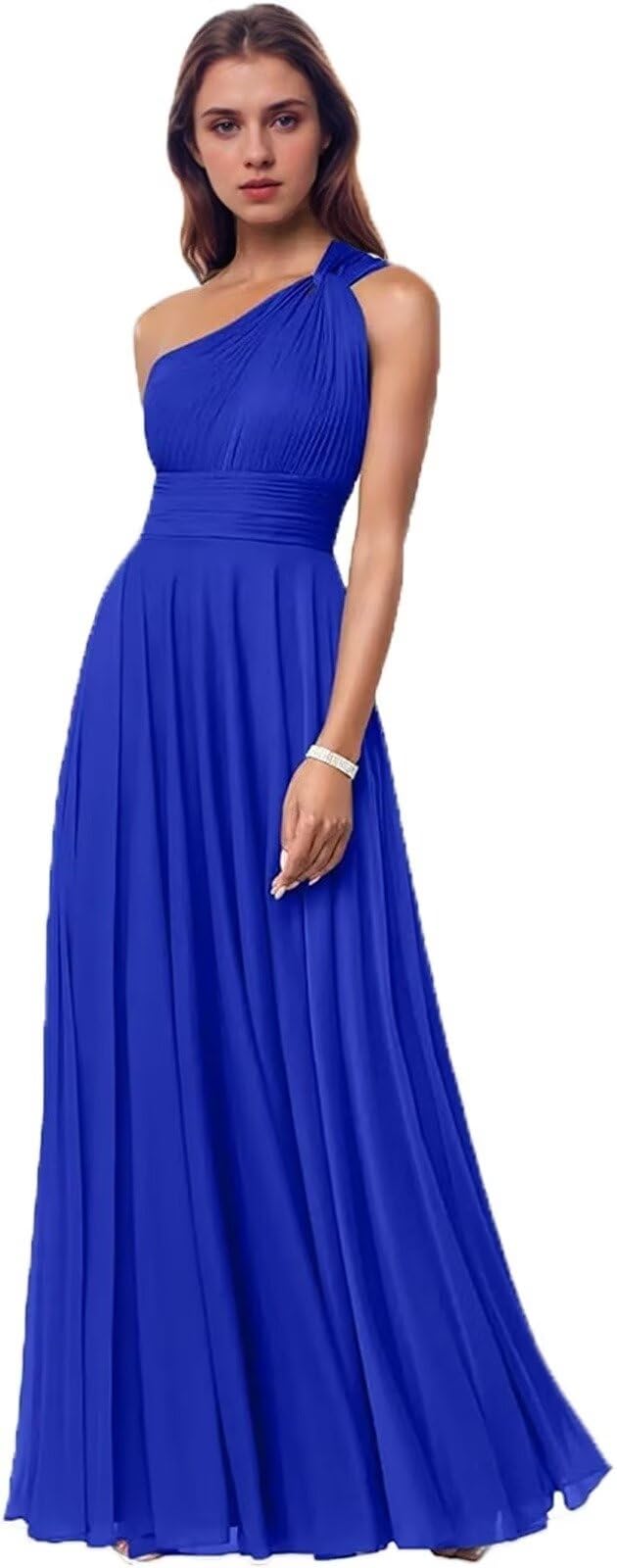 Kyeuan One Shoulder Bridesmaid Dresses for Women Chiffon Sleeveless Pleated Formal Evening Party Dresses with Pockets