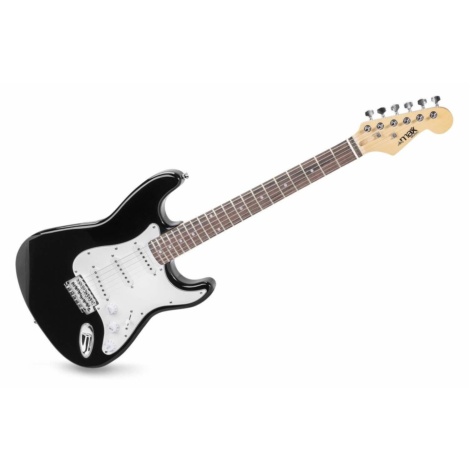 MAX GigKit Pack Guitarra eléctrica - Amplificador de guitarra de 40 vatios, guitarra eléctrica, atril, funda de guitarra, afinador, cable de instrumento, correa de guitarra y accesorios - Negro