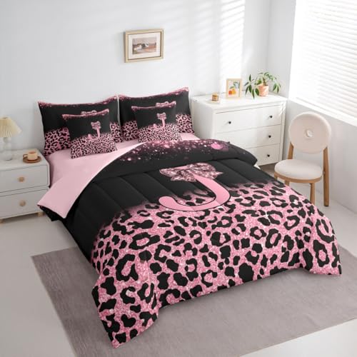 Image of Feelyou Bow Initial Letter J Comforter Set with Sheets 7 Piece Queen Size Glitter Leopard Print Bed in a Bag Kids Boys Girls Girly Bow Bedding Set Bedroom Decor Breathable Soft Lightweight Microfiber