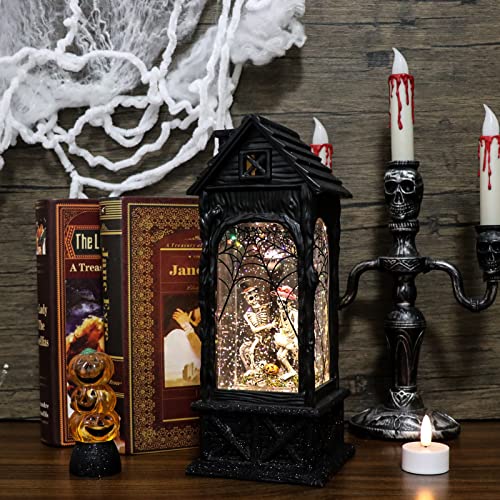 Eldnacele Halloween Ghost Projection Snow Globe Lantern with 6-Hour Timer, Lighted Plug-in & Battery Operated Water Glittering Snowing Globe Lamp for Spooky Fall Halloween Indoor Decoration(Skeleton)4