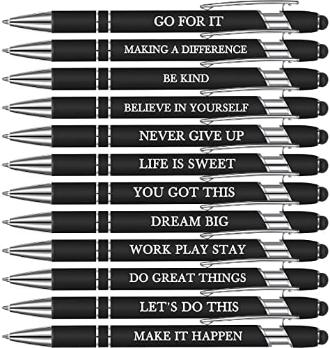 Zonon 12 Pieces Quotes Pen Inspirational Ballpoint Pen with Stylus Tip Motivational Messages Pen Metal Inspirational Pen Set Metal Black Ink Pens Encouraging Stylus Pen (Motivational Style, Black)
