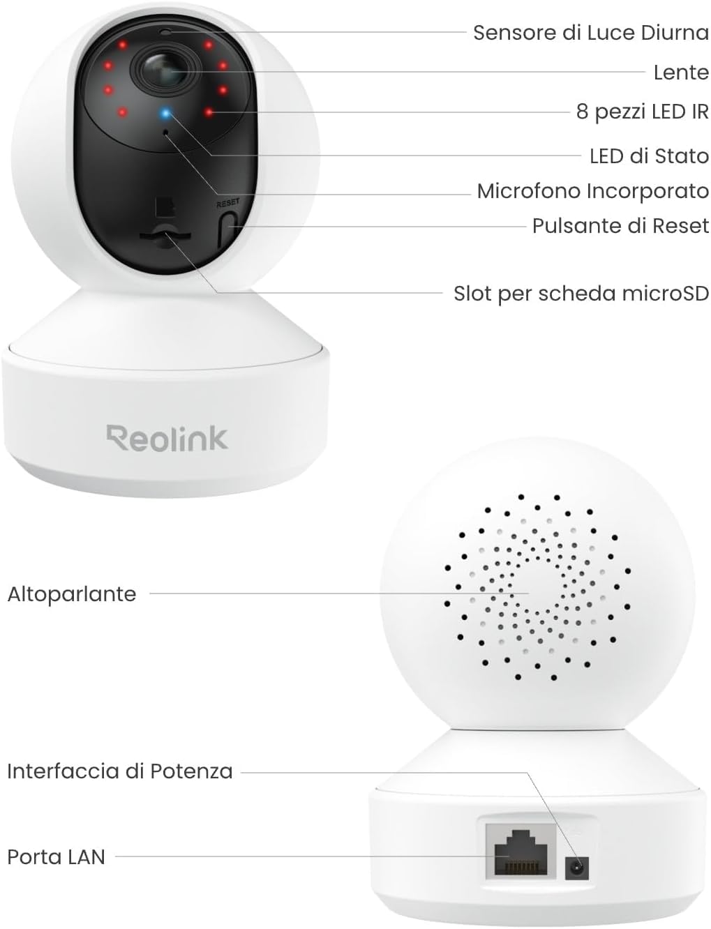 Reolink 5MP Telecamera WiFi Interno, Wi-Fi a Doppia Banda 2.4/5 GHz, Apertura F1.6, Rilevamento Uomo/Animale/Pianto, Copertura a 360°, Inseguimento Automatico, Supporta Alexa, Modalità Privacy, E1 Pro