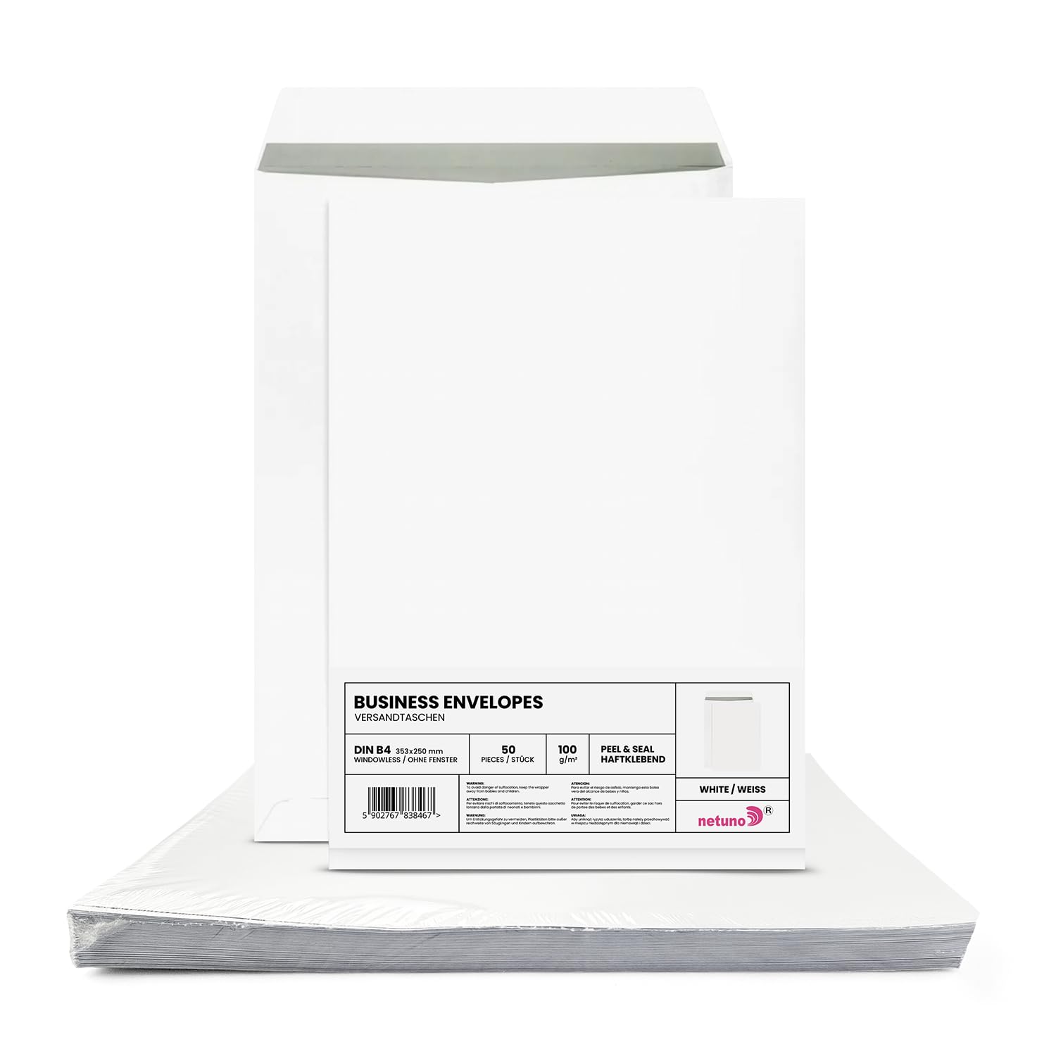 Netuno 50 White B4 envelopes 250 x 353 mm 100 g Paper with Grey Interior Print Without Window Straight Flap self Adhesive Closure — image 1