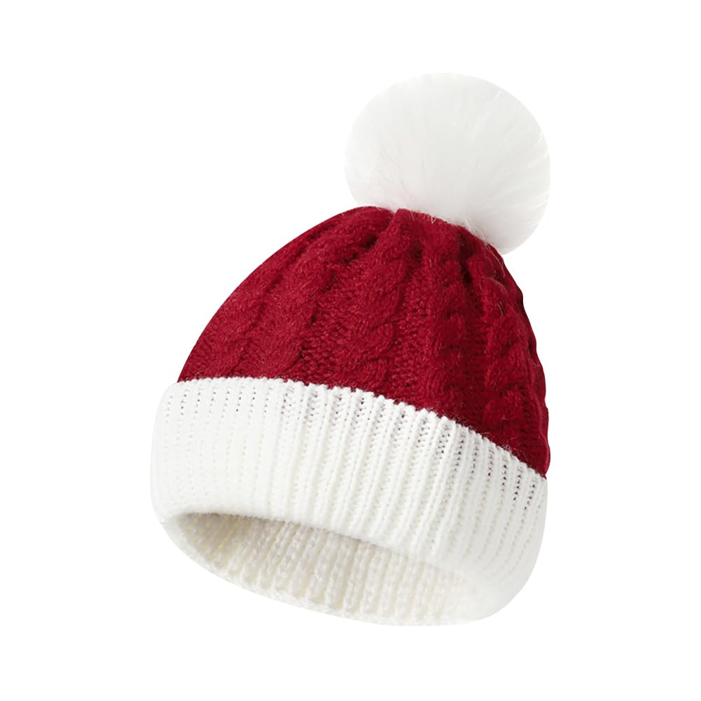 HugeDE Baby Knit Santa Hat - Classic Newborn Hat with Pom Pom - Warm Winter Santa Cap for Kids - Wine Red
