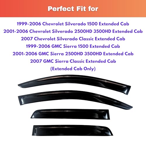Image of KPY Rain Guards for 1999-2006 Chevrolet Silverado /GMC Sierra 1500 /2500HD /3500HD Extended Cab, Out-Channel Window Visor Vent Deflector 4PC, 2007 Chevy Silverado /GMC Sierra Classic (Extended Cab Only)