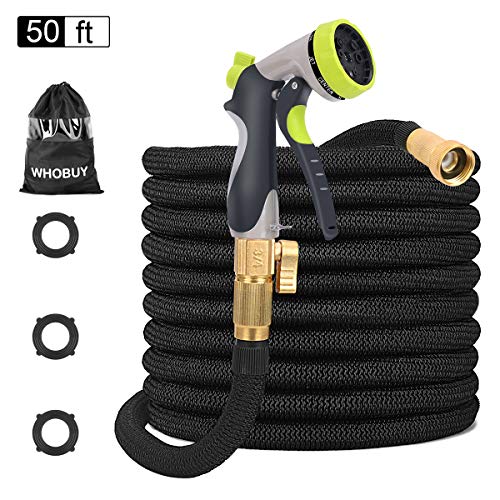 WHOBUY 50 FT Upgraded Flexible Garden Hose with 8-Patterns Spray Nozzle and Hose Storage Bag, 3/4' Solid Brass Connectors, Expandable No Kink No Break Durable Outdoor Water Hose for Yard