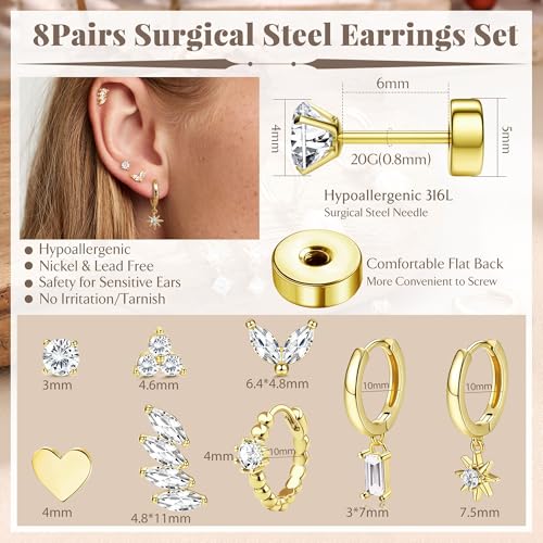Florideco 8 Pairs Flat Back Earrings for Women Hypoallergenic Surgical Stainless Steel Flatback Studs Dainty Hoop Earring Stacks Small Gold Cartilage Earring Sets for Multiple Piercing4
