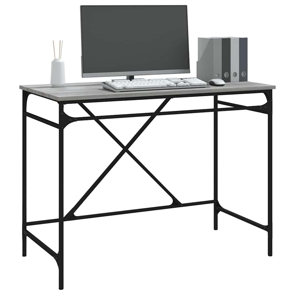 Mesa de oficina de estilo industrial, gris Sonoma, 100 x 50 x 76 cm, mesa de ordenador de madera y hierro, amplia superficie de trabajo para ordenador y utensilios de escritura, soporte de