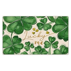 St Patricks Day Shamrock Clover Decorative Front Door Mat Lucky Me Doormat Indoor Outdoor Green Luck Non Slip Floor Entryway Rug Irish Spring Holiday Home Kitchen Decoration 17×29 Inch