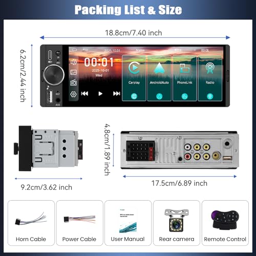 Radio para auto Single Din 6.28" con pantalla táctil HD miniatura 7