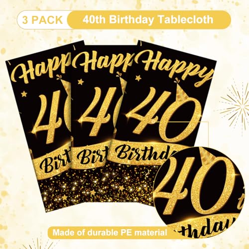Image of NatNarr 3 Pack 40th Birthday Plastic Tablecloth, 54x108 Inch Black Gold Disposable Rectangle Table Cover Waterproof Table Cloth for Birthday 40 Anniversary Party Supplies