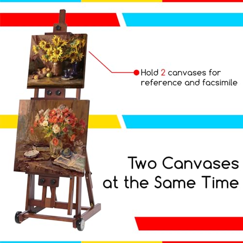 Image of MEEDEN Studio H-Frame Easel -Adjustable Beech Wood Studio Art Easel, Painting Floor Easel Stand, Movable and Tilting Flat Available, Holds Canvas Art up to 77 inch,Classic Walnut