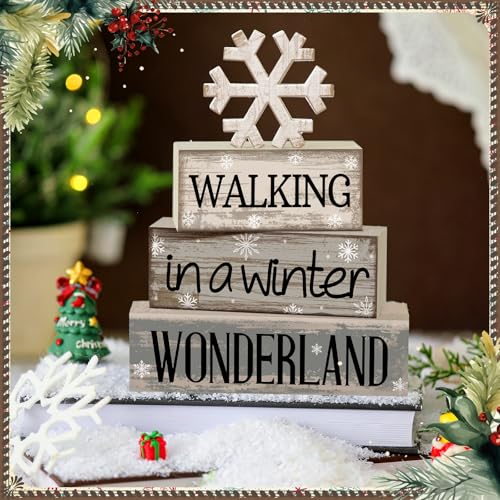 Image of Moucuny 4 Pcs Christmas Table Decorations Wooden Snowflake Decor Winter Tiered Tray Decor Rustic Snow Signs Block Gift Farmhouse Christmas Centerpiece for Wonderland Party Kitchen Shelf Home