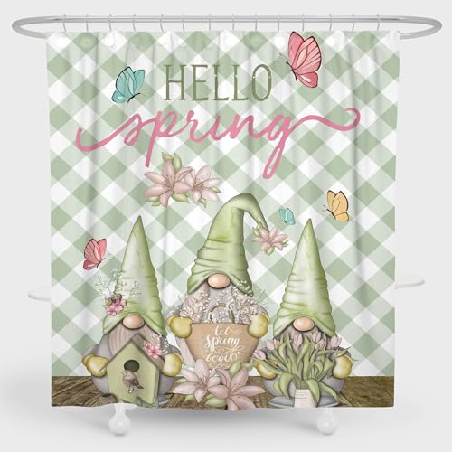 Jztfrie Hello Spring Duschvorhang-Vorhänge für Badezimmer, Frühlingswichtel, Duschvorhang-Set, wasserdichter Stoff, Salbeigrün, 183 cm B x 183 cm H mit 12 Haken