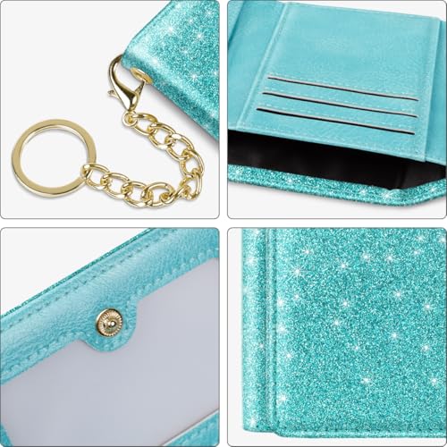 Image of Trifold Small RFID Blocking Wallet Pocket Cute Short Slim Sparkling Credit Card Holder Leather Keychain Ladies Mini Purse with ID Window, Glitter Blue Green