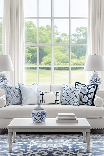 Hofdeco Premium Coastal Patio Indoor Outdoor Scalloped Throw Pillow Cover Only, 20"x20" Water Repellent for Backyard, Couch, Baby Blue Print Stripes - Image 3