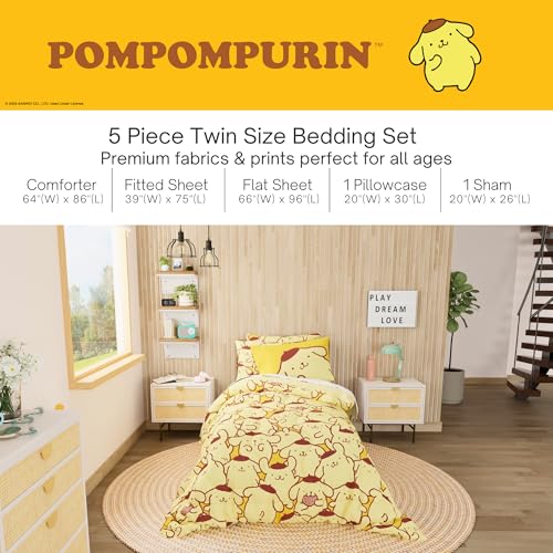 Image of Sanrio Pompompurin Bedding Set, Twin Size 5 Piece Set Kids Super Soft Cozy Reversible Comforter and Sheet Set with Sham, (100% Officially Licensed Product) by Franco