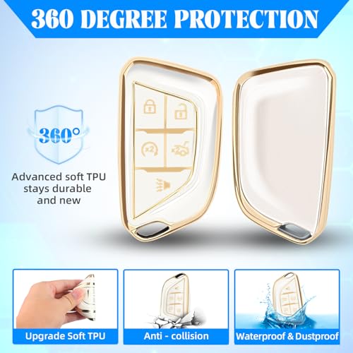 Image of QBUC for Cadillac Key Fob Cover with Leather Keychain (Gold Trim White) | Soft TPU Protection Case Compatible with 2020-2026 Cadillac Escalade Lyriq Optiq 5-Buttons