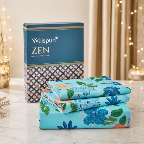Image of Welspun Zen Microfiber Floral Double Bedsheet with 2 Pillow Covers | Percale Bed Sheet | Skin Safe, Breathable & Easy Care Bedding Set | Gift Set | Light Blue | 220 x 240 Cm