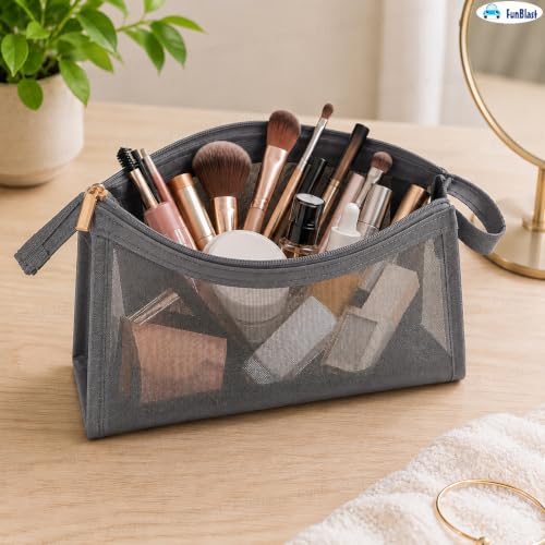Image of FunBlast Mesh Pencil Case with Smooth Zipper, Single Layer Multi-Purpose Stationary & Pen Pouch for Boys & Girls, Transparent Stationary Bag, Organizer Pouch for Student (Grey-D)