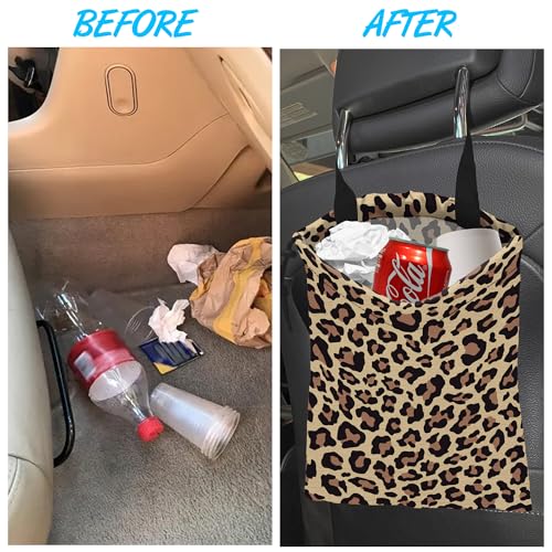 Image of Car Trash Bag Hanging Brown Leopard Print Car Trash Can Waterproof Garbage Bag Hanging for Car Back Seat