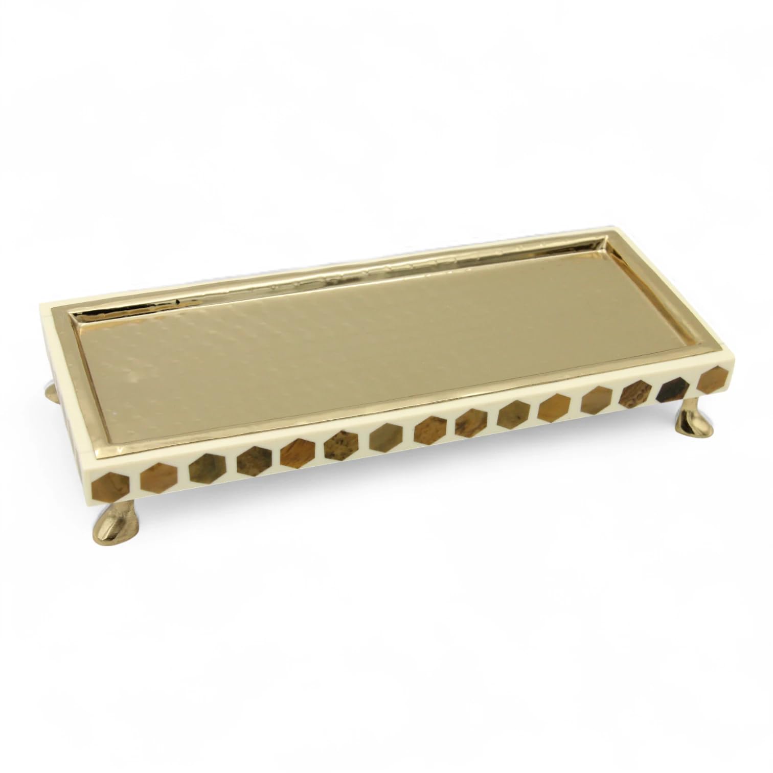Elegant Rectangular Gold Metal-Look Serving Tray with Cream Base & Brown Geometric Design – Footed Decorative Platter for Snacks Coffee Perfume Decor (5H x 32.5L x 13.5W CM)