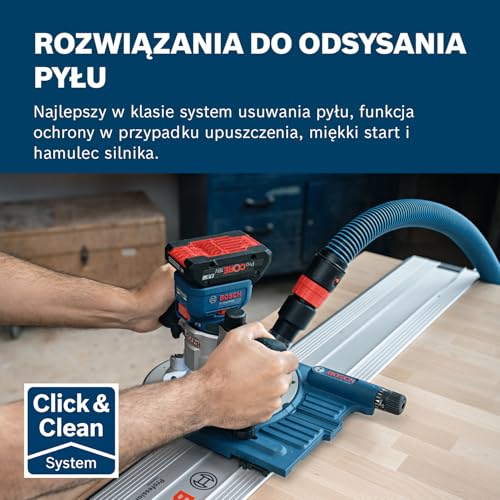 System profesjonalny 18 V firmy Bosch: frezarka akum. GKF 18V-8 (prowadnica równoległa, 2 adaptery do ods. pyłu – frezowanie, osłona przeciwodpryskowa, tuleja zaciskowa 8 mm, klucz, bez akum./ład.)