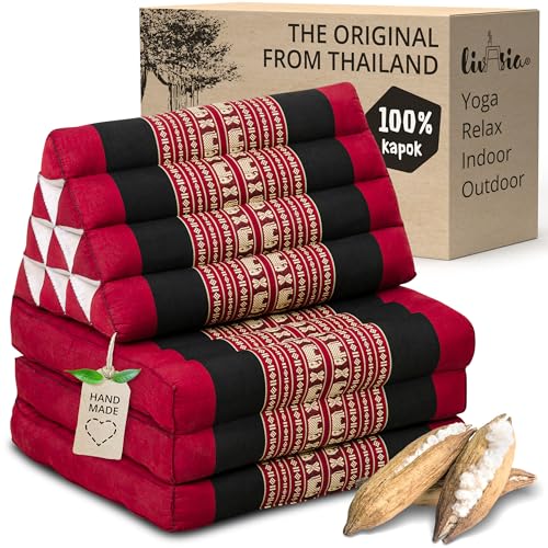 livasia cojín tailandés con 3 Inferiores - 175x50x8cm - Cojín Triangular y colchón Plegable, Almohada,kapok, Cojín Espalda, Esterilla Thai Plegable, Hecho a Mano, Cojín meditación (Rojo/Elefantes)