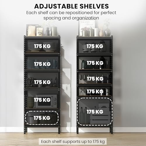 Image of Robustt 6-Tier Multipurpose Storage Rack | Bolt-Free Assembly | Metal Stand With Thick MDF Board | 175kg Capacity Per Shelf | 72x16x16 Inch Adjustable Shelf Rack for Home, Garage & Shop | Black