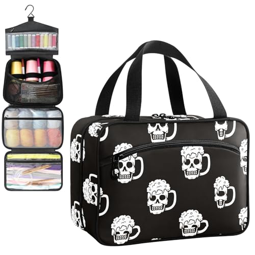 YNNALE Sewing Supply Organizer Bag, Goth Skull Beer Black and White Portable Sewing Bags with Pockets&Hanger, Sewing Storage Box Case for Sew Supplies/Kit/Tools/Accessories (BAG ONLY)