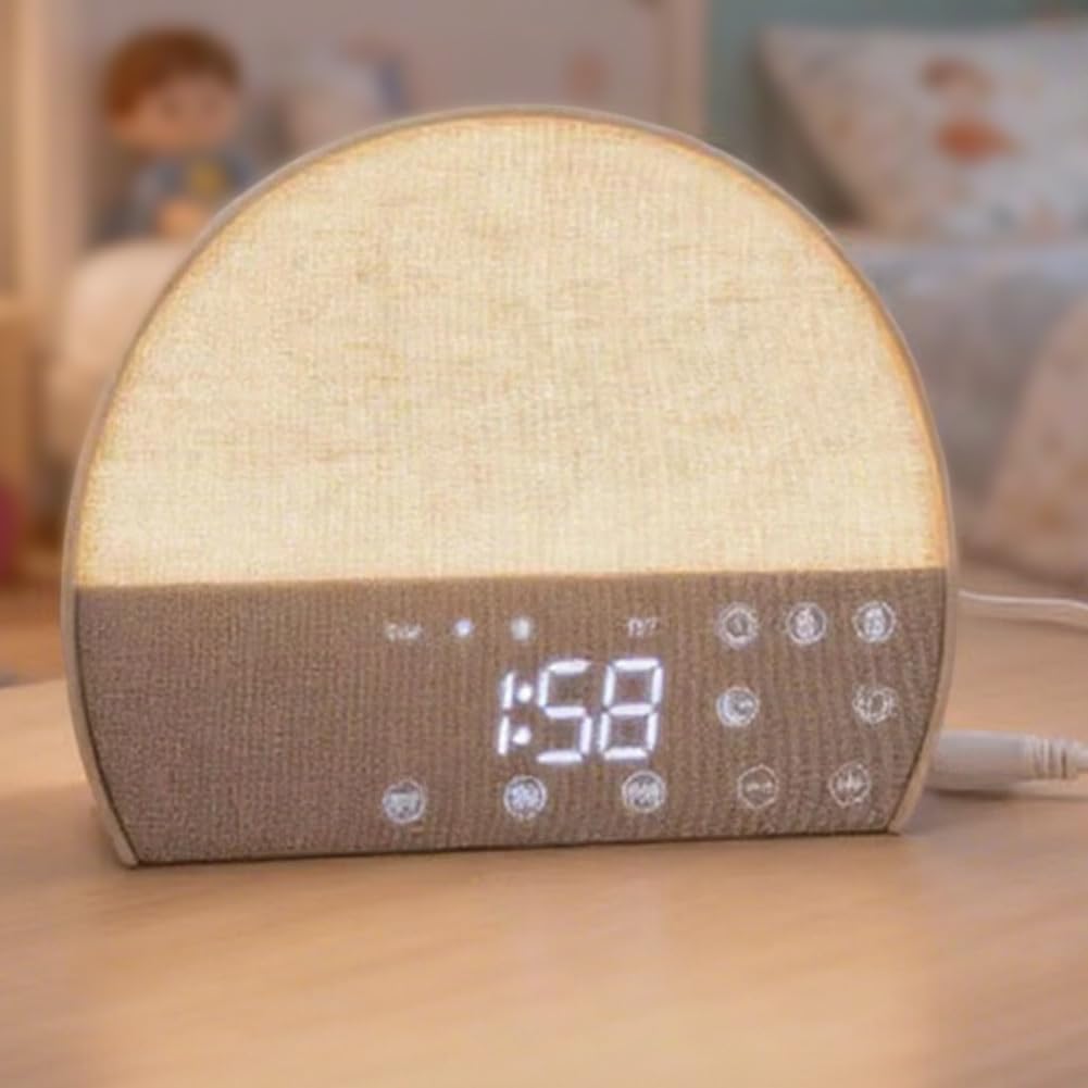 Reloj despertador de tela con ruido blanco y radio FM, doble alarma para dormir junto a la noche, luz nocturna cálida, reloj con altavoz suave para relajarse en el dormitorio y para dormir de