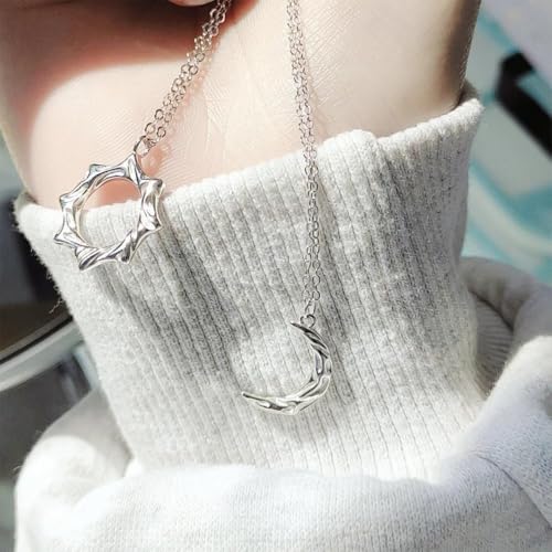 Sun and Moon Necklace for Couples Matching Friendship Necklace North Star Crscent Necklace Pendant Silver Best Friend BFF Necklace for 2 Dainty Birthday Lover Gift Jewelry 2Pcs Set3