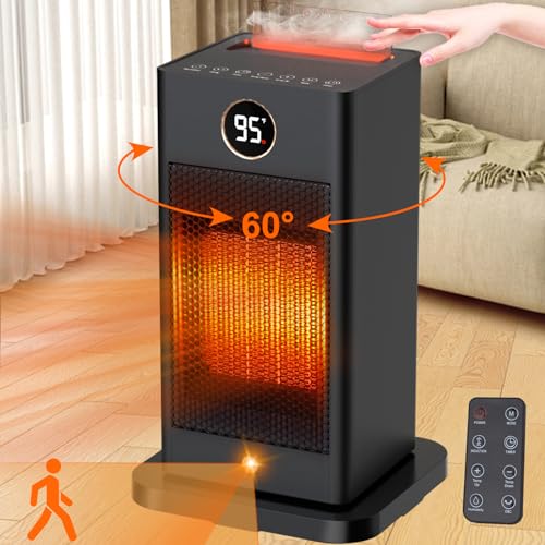 Space Heaters for Indoor Use,2023 Upgraded PTC Portable Mini Space Heaters with Sensor,Humidifier & 3D Flame Effect,1500W Electric Ceramic Heaters with Oscillating for Room,Garage,Office,Home