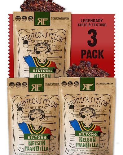 Righteous Felon Biltong Beef Jerky | South African Biltong Snack Packs for Adults | High Protein, Keto-Friendly, Low Sugar | Made with Premium Meats | Beef Jerky Gifts for Men | Nelson Mandilla 3 Pack